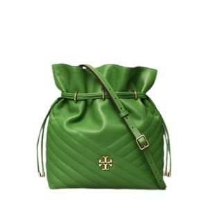 Tory Burch Kira Green Leather & Gold Trim Drawstring Bag